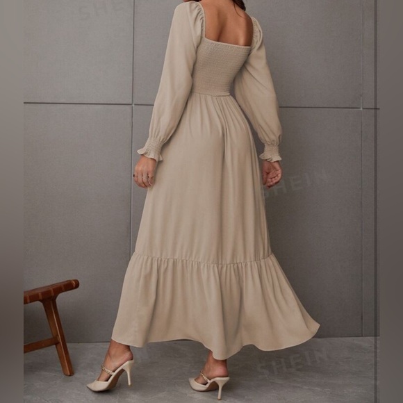 SHEIN Khaki Square Neck Shirred Ruffle Hem Dress- Size M - Picture 7 of 13